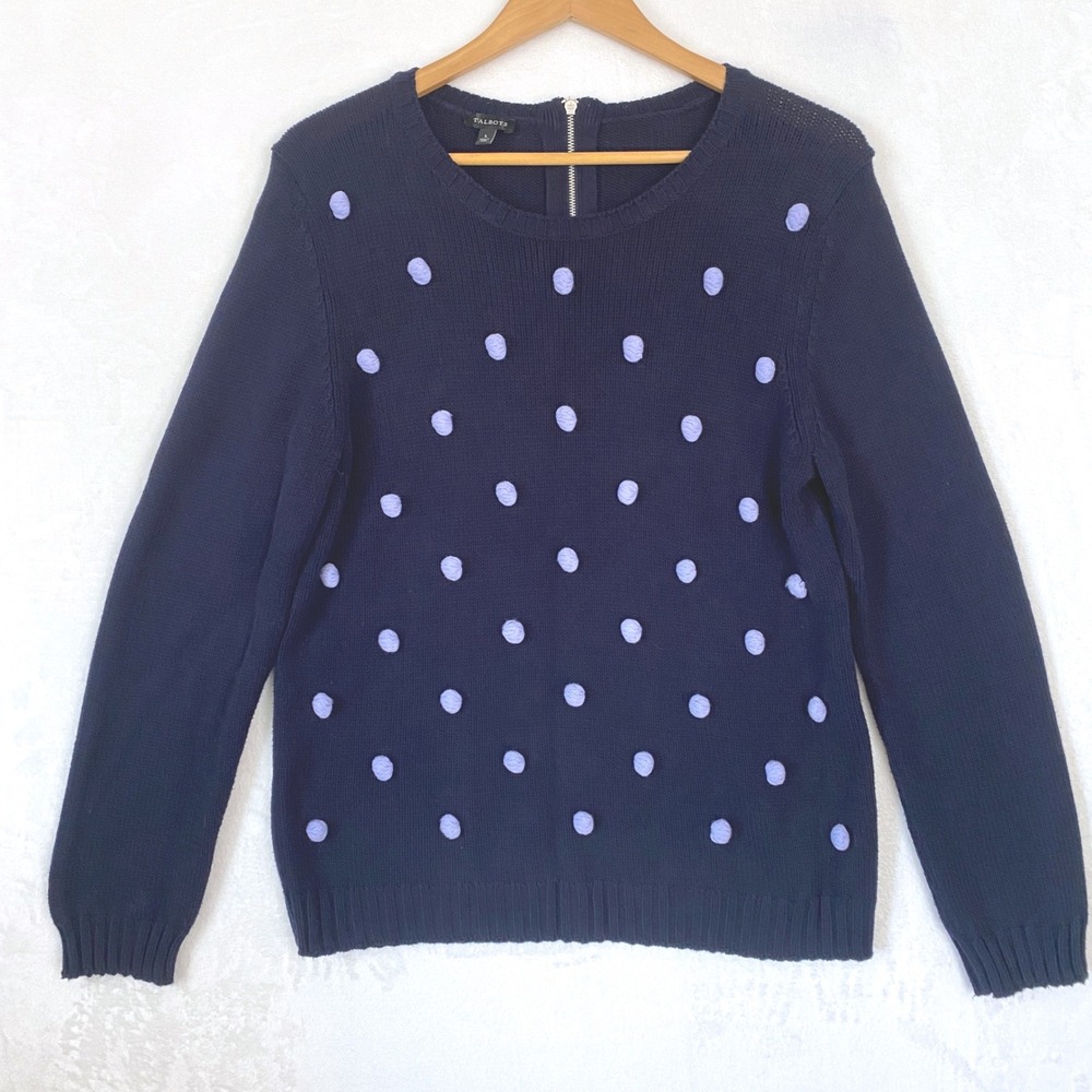 Talbots Women Navy Blue Polka Dot Sweater Size Large Quarter Zip‎